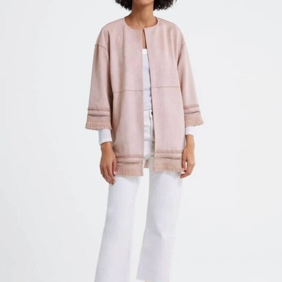 Zara Long Pink Duster Cardigan Jacket 3/4 Sleeves Fringe - Size XS - Picture 3 of 9